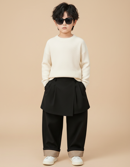 Pantalon Jupe Noir Plissé Ample Garçon Élégant - Gabardine