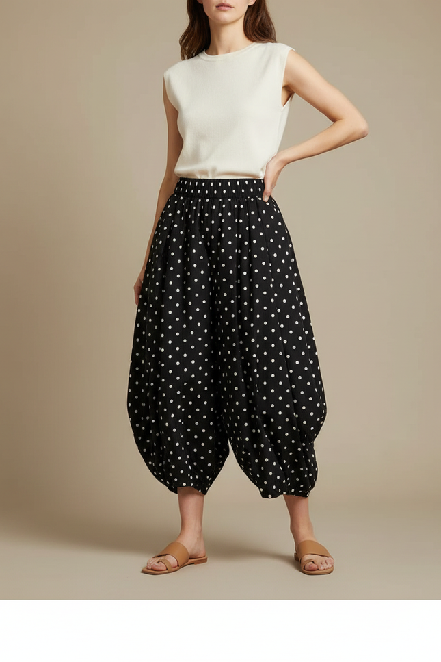Pantalon Jupe Noir Polka Points Ample Coton