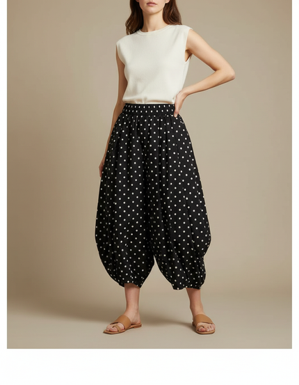 Pantalon Jupe Noir Polka Points Ample Coton