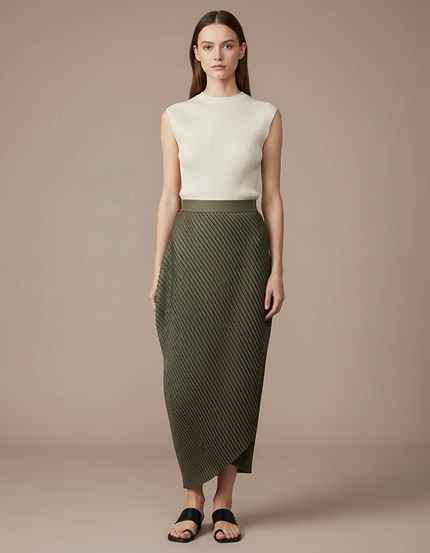 Pantalon Jupe Plissé Vert Militaire Asymétrique Fluide - Kaki Polyester