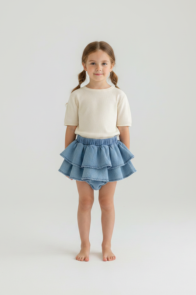 Pantalon Jupe Denim Bleu Volants Superposés Enfant Mignon - Jean
