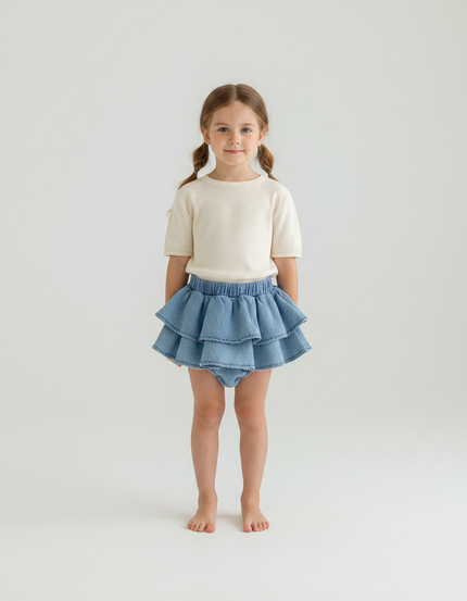 Pantalon Jupe Denim Bleu Volants Superposés Enfant Mignon - Jean