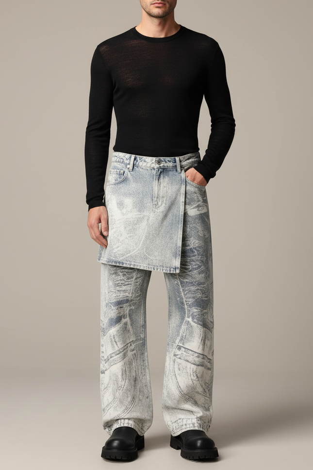 Pantalon Jupe Denim Effet Usé Déstructuré Ample - Bleu Jean