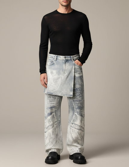 Pantalon Jupe Denim Effet Usé Déstructuré Ample - Bleu Jean