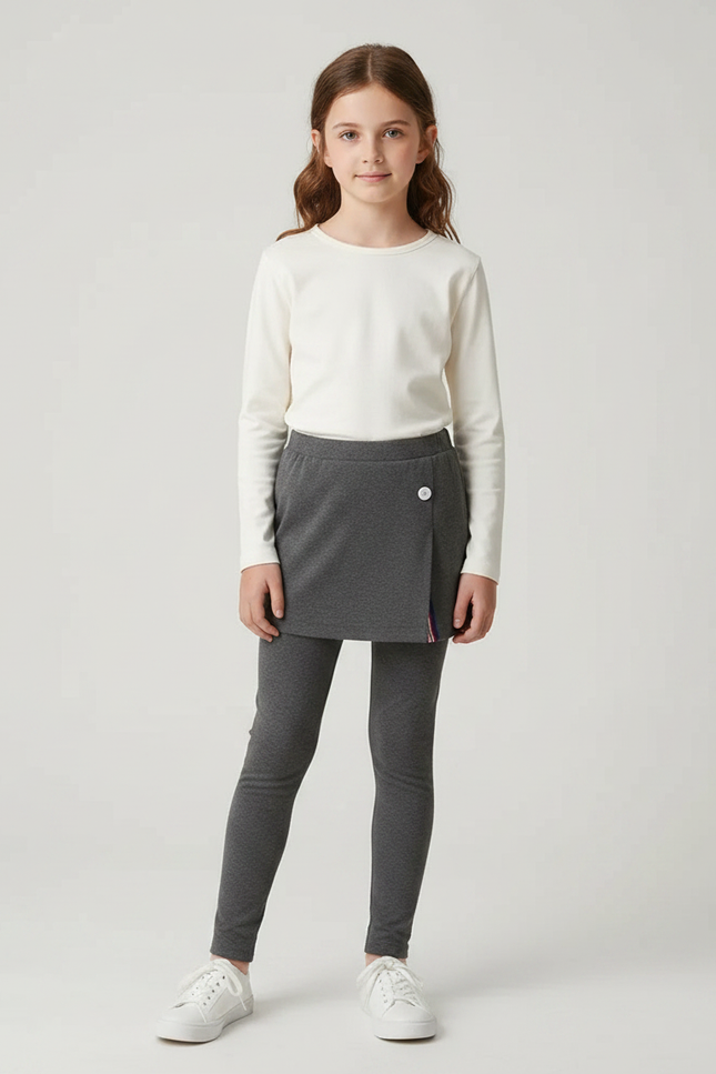 Pantalon Jupe Gris Coupe Droite Confortable Fille - Molleton