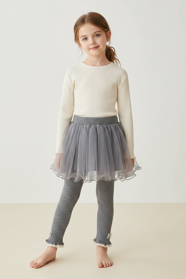 Pantalon Jupe Gris Tulle Superposé Dentelle Fille - Maille