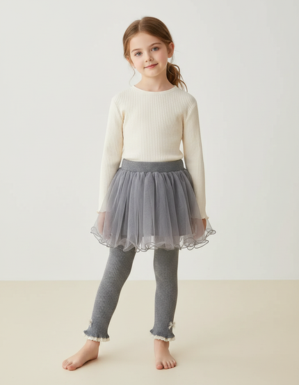 Pantalon Jupe Gris Tulle Superposé Dentelle Fille - Maille