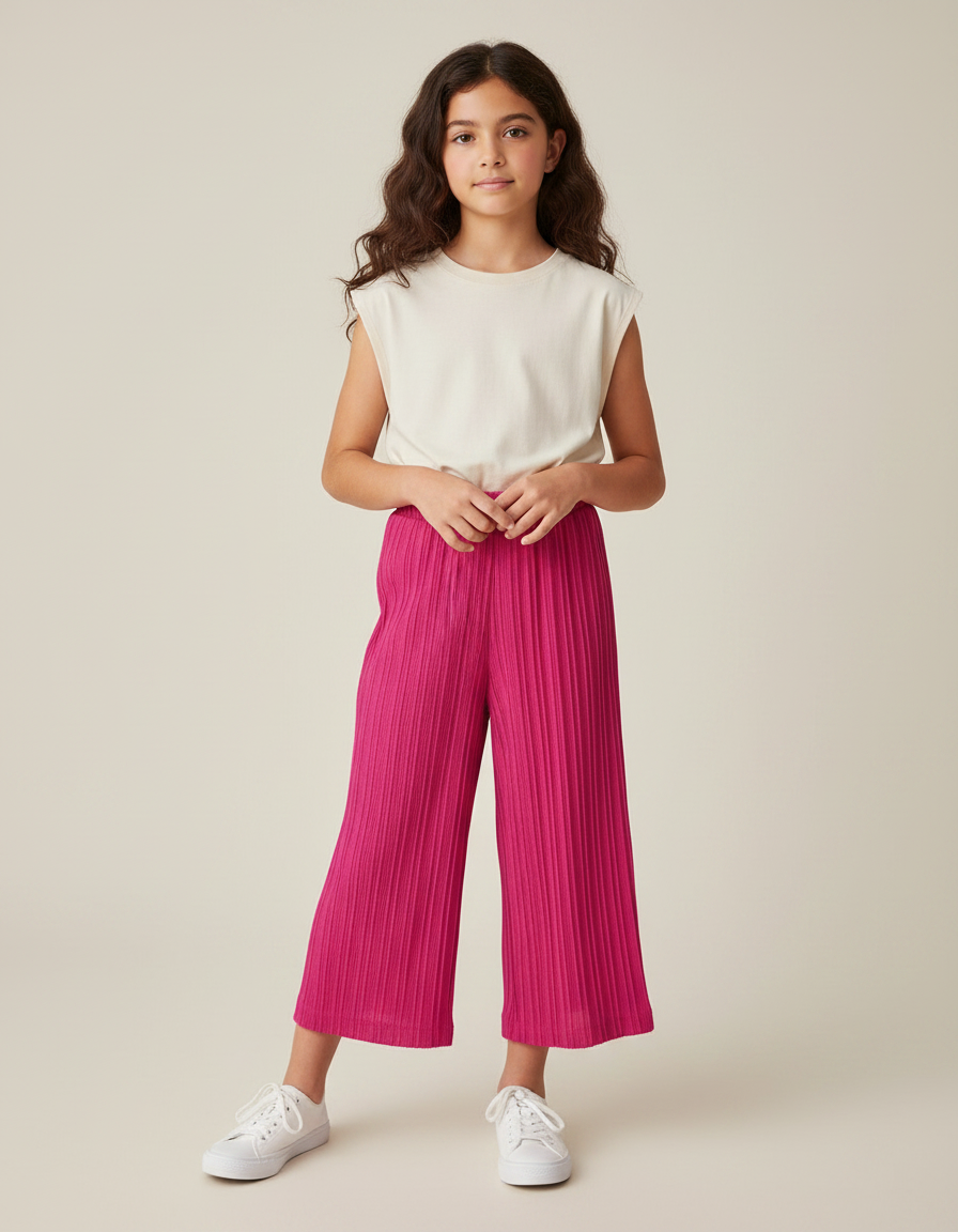 Pantalon Jupe Plissé Rose Ample Confortable Fille - Polyester