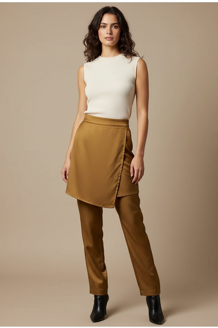 Pantalon Jupe Marron Élégant Droit Satiné Asymétrique