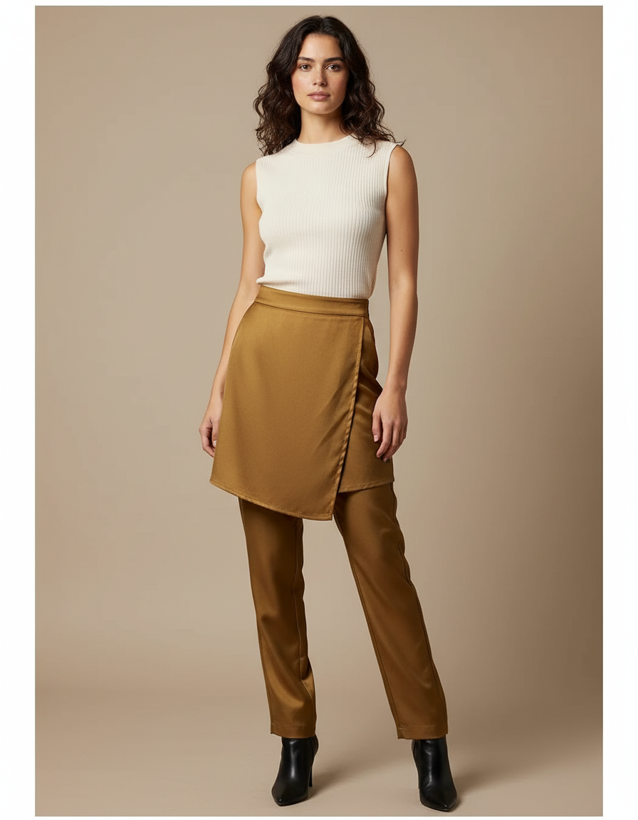 Pantalon Jupe Marron Élégant Droit Satiné Asymétrique