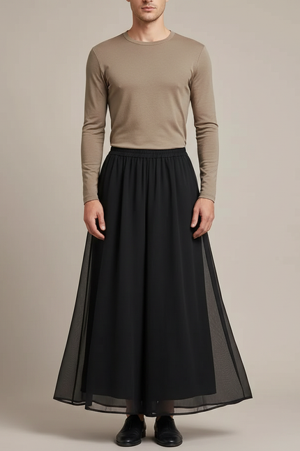 Pantalon Jupe Noir Long Fluide Décontracté Élégant - Polyester