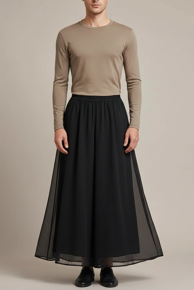 Pantalon Jupe Noir Long Fluide Décontracté Élégant - Polyester