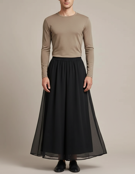 Pantalon Jupe Noir Long Fluide Décontracté Élégant - Polyester