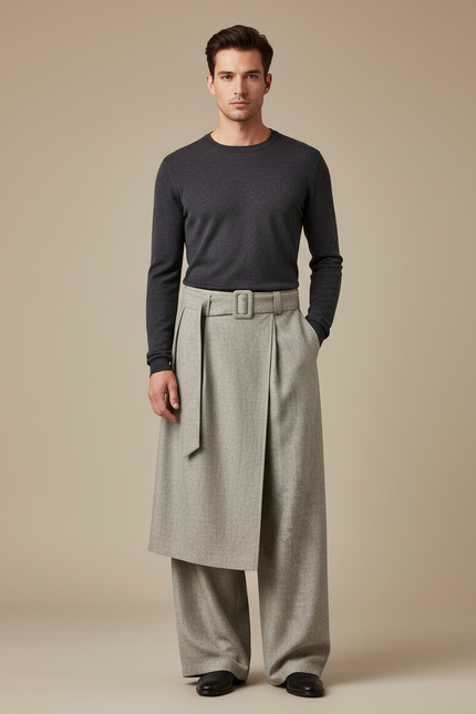 Pantalon Jupe Gris Plissé Ceinturé Ample Asymétrique Élégant - Tweed
