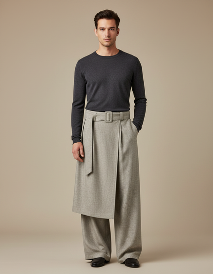 Pantalon Jupe Gris Plissé Ceinturé Ample Asymétrique Élégant - Tweed