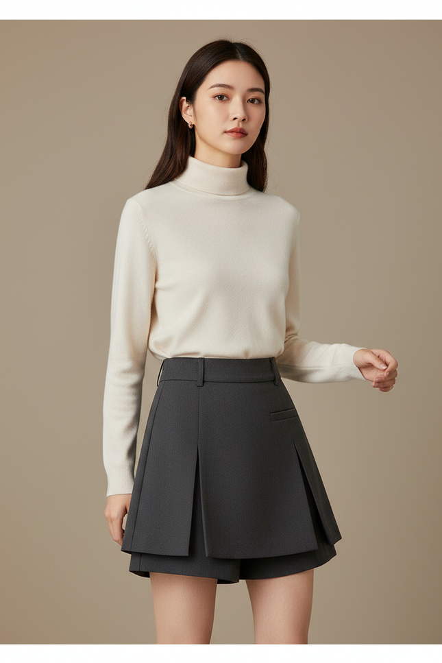 Pantalon Jupe Gris Plissé Élégant Mini Décontracté - Gabardine