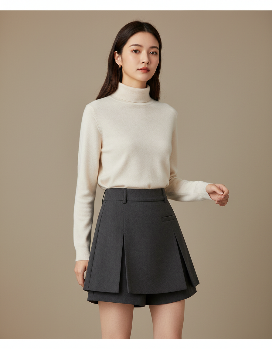 Pantalon Jupe Gris Plissé Élégant Mini Décontracté - Gabardine