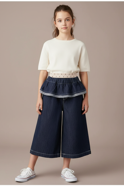 Pantalon Jupe Denim Évasé Bleu Gingham Intégré - Marine Jean