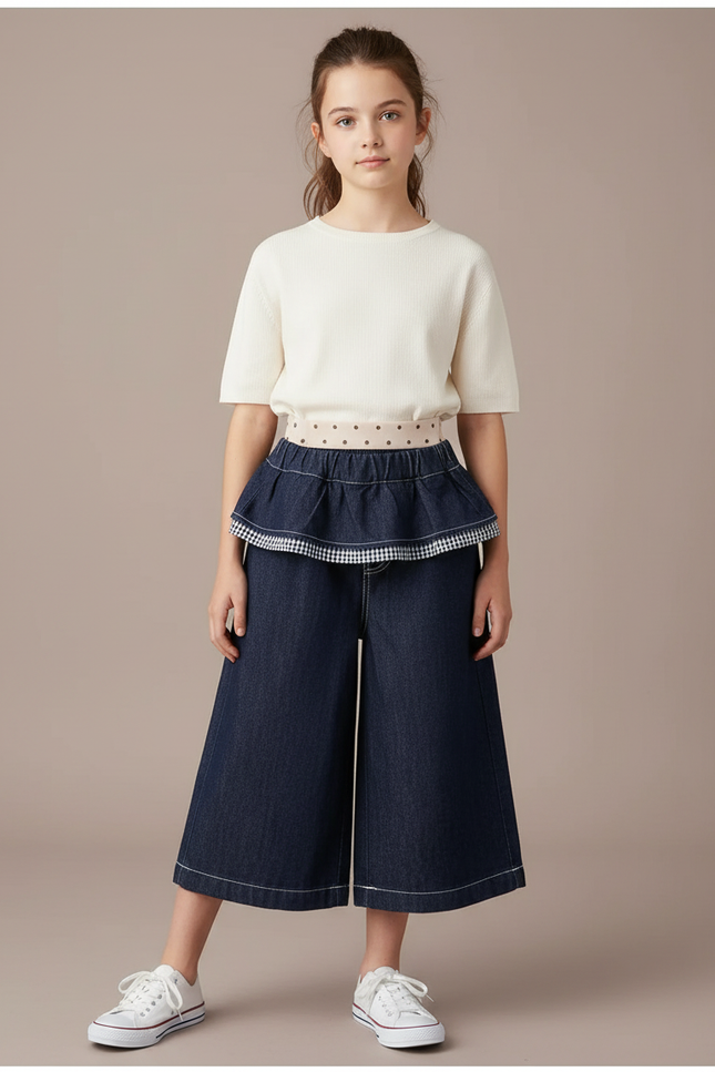 Pantalon Jupe Denim Évasé Bleu Gingham Intégré - Marine Jean