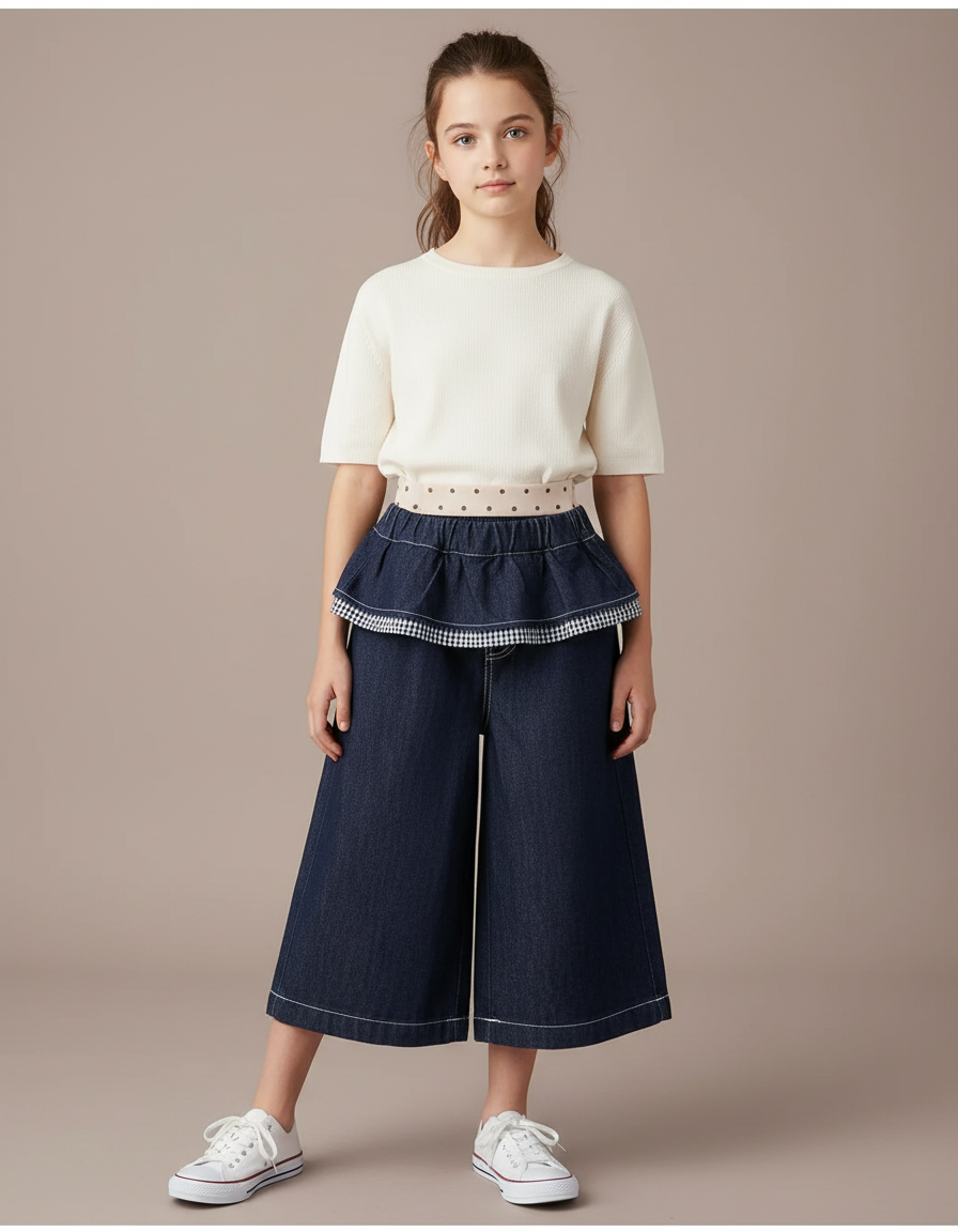 Pantalon Jupe Denim Évasé Bleu Gingham Intégré - Marine Jean