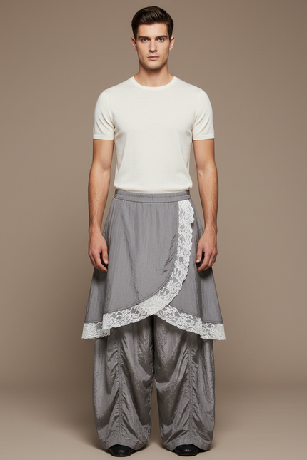 Pantalon Jupe Gris Dentelle Superposée Ample Élégant - Polyester