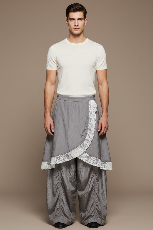 Pantalon Jupe Gris Dentelle Superposée Ample Élégant - Polyester