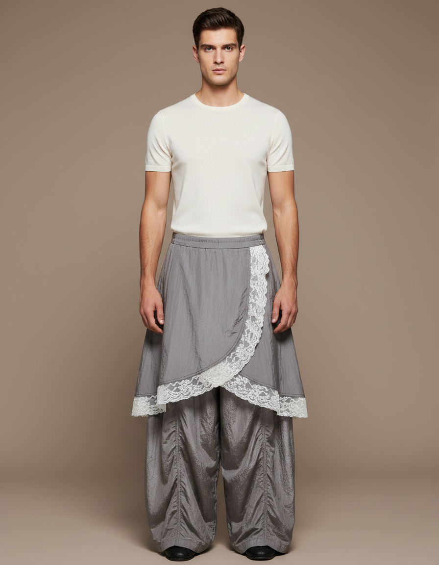 Pantalon Jupe Gris Dentelle Superposée Ample Élégant - Polyester