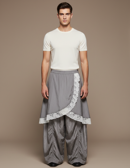 Pantalon Jupe Gris Dentelle Superposée Ample Élégant - Polyester