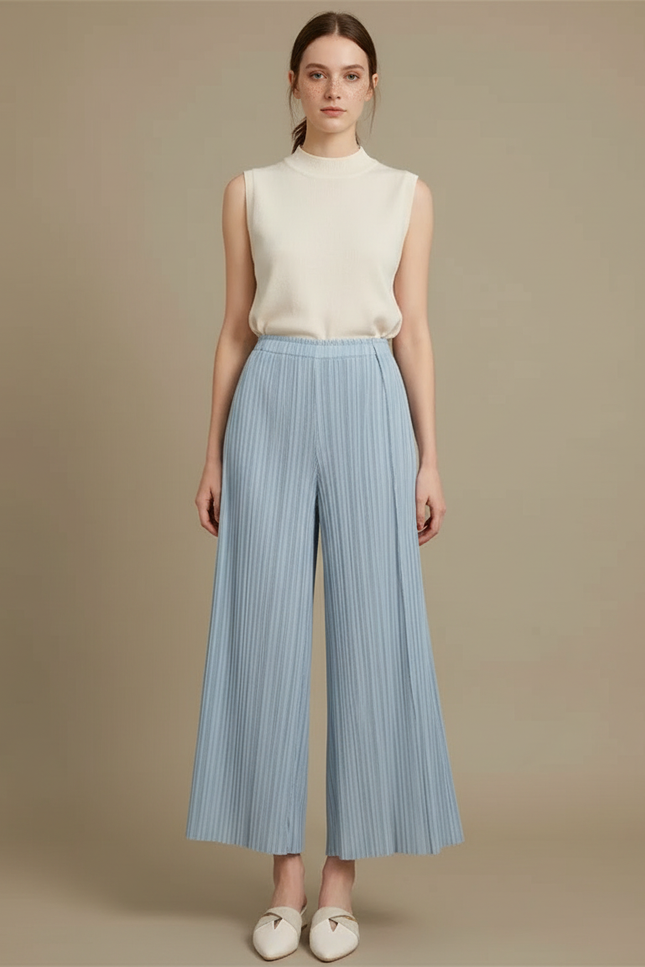 Pantalon Jupe Plissé Ample Bleu Élégant Fluide - Polyester