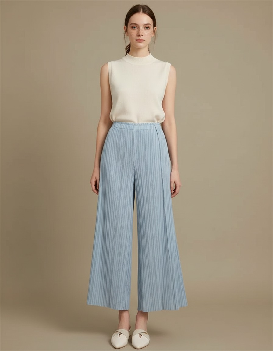 Pantalon Jupe Plissé Ample Bleu Élégant Fluide - Polyester