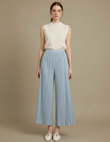 Pantalon Jupe Plissé Ample Bleu Élégant Fluide - Polyester