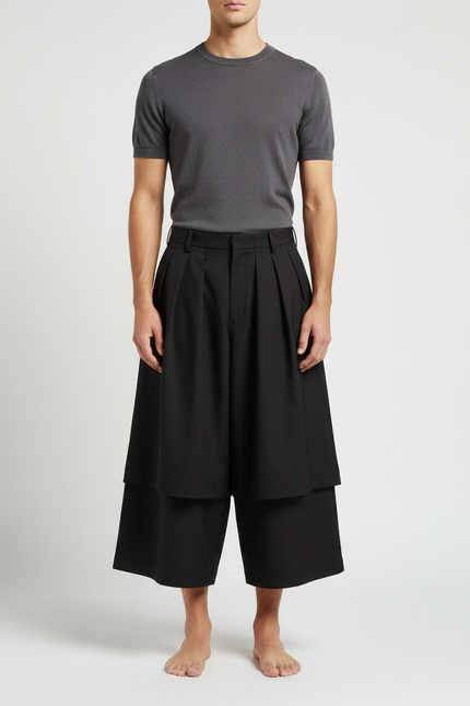Pantalon Jupe Noir Plissé Ample Décontracté Homme - Gabardine