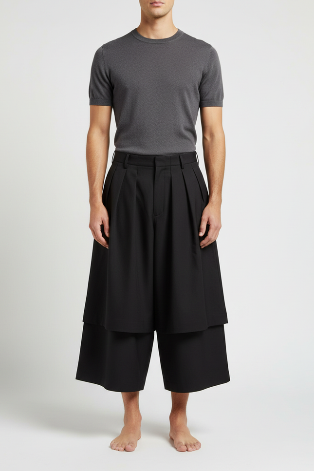 Pantalon Jupe Noir Plissé Ample Décontracté Homme - Gabardine