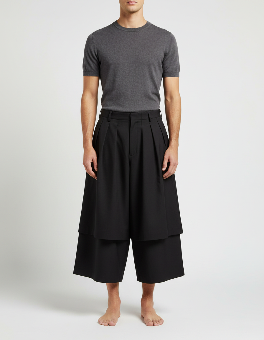 Pantalon Jupe Noir Plissé Ample Décontracté Homme - Gabardine