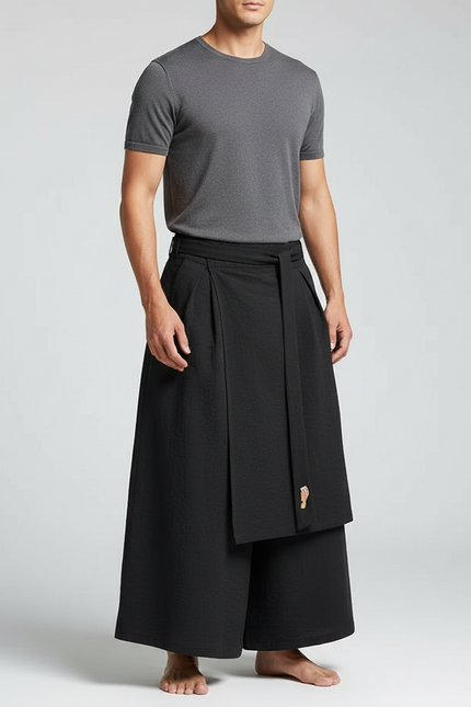 Pantalon Jupe Noir Ample Plissé Décontracté Homme Coton