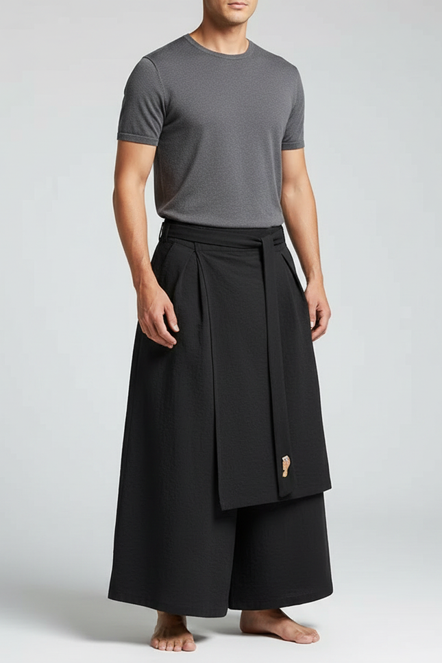 Pantalon Jupe Noir Ample Plissé Décontracté Homme Coton