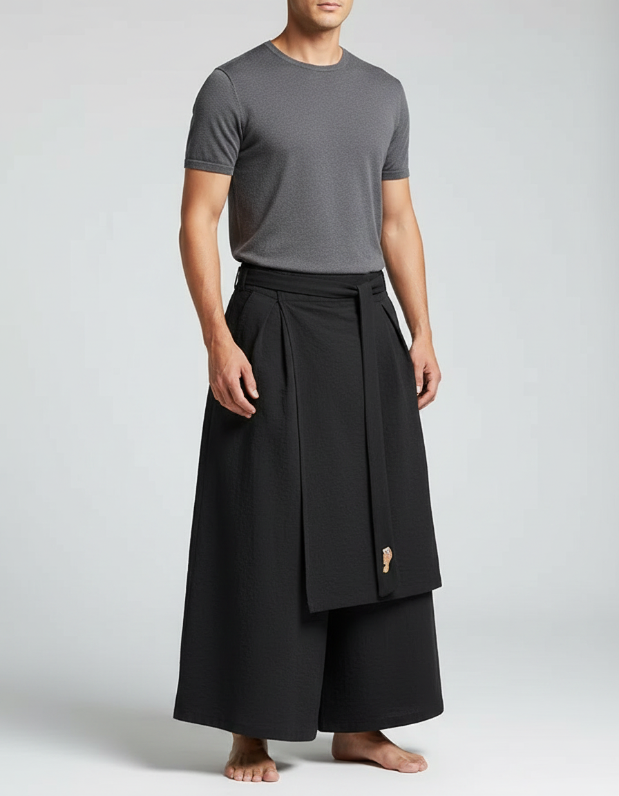 Pantalon Jupe Noir Ample Plissé Décontracté Homme Coton