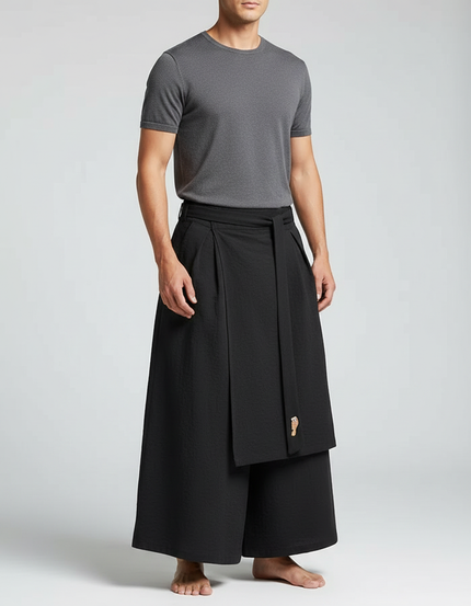 Pantalon Jupe Noir Ample Plissé Décontracté Homme Coton