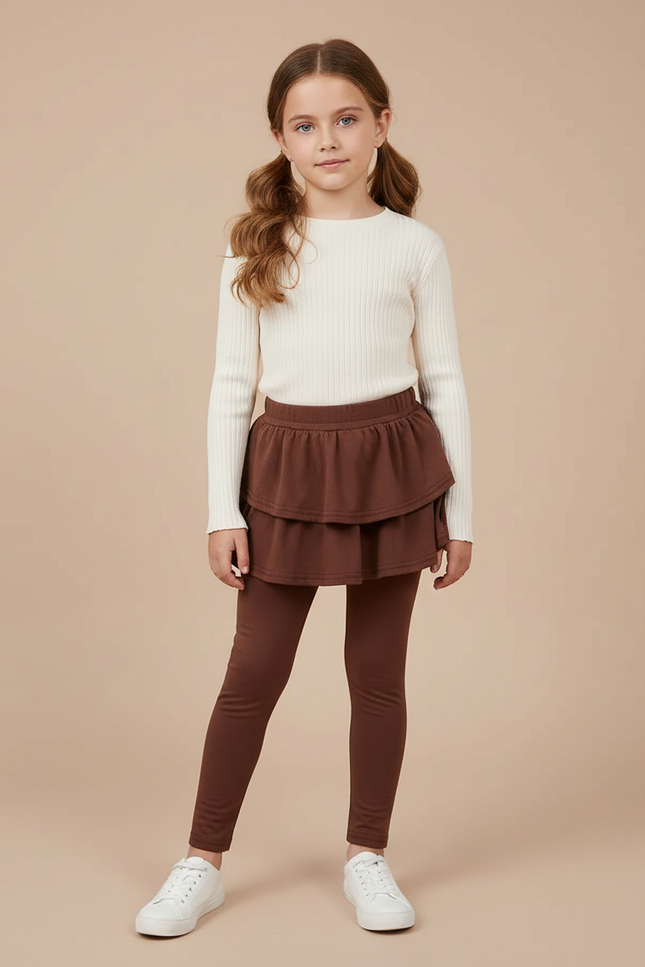 Pantalon Jupe Marron Superposé Volants Confortable Enfant - Maille