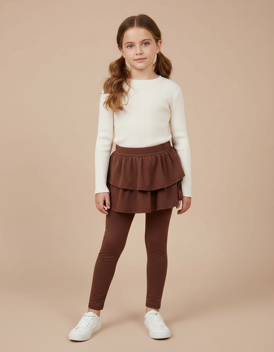 Pantalon Jupe Marron Superposé Volants Confortable Enfant - Maille