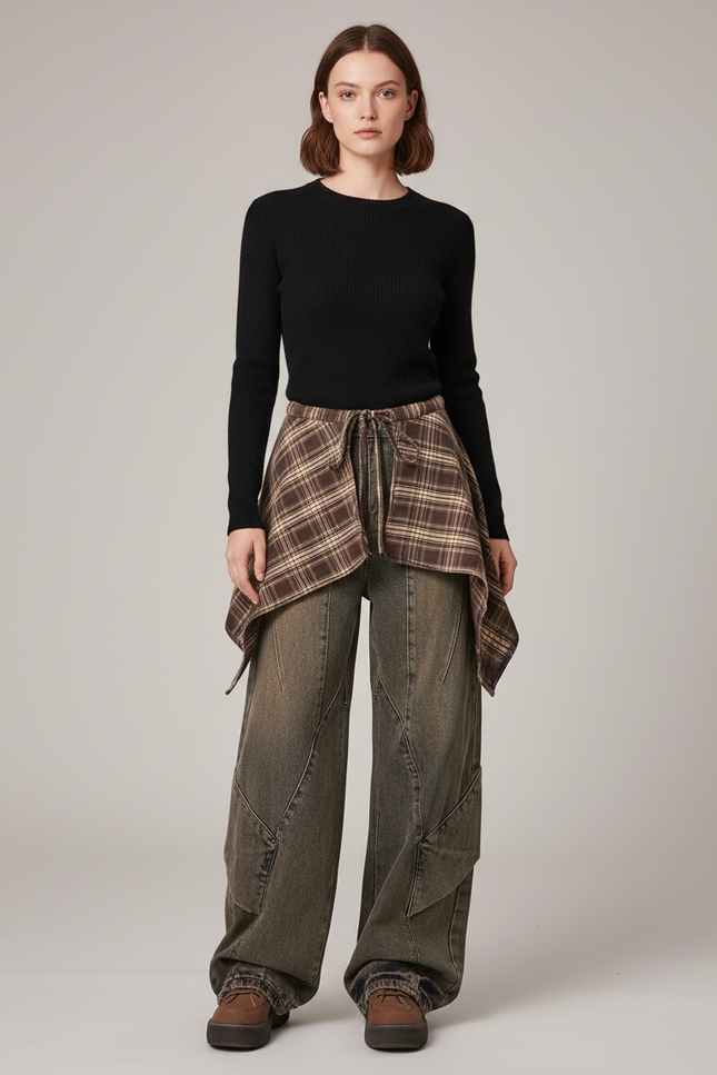 Pantalon Jupe Jean Marron Plaid Décontracté Ample