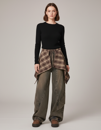 Pantalon Jupe Jean Marron Plaid Décontracté Ample