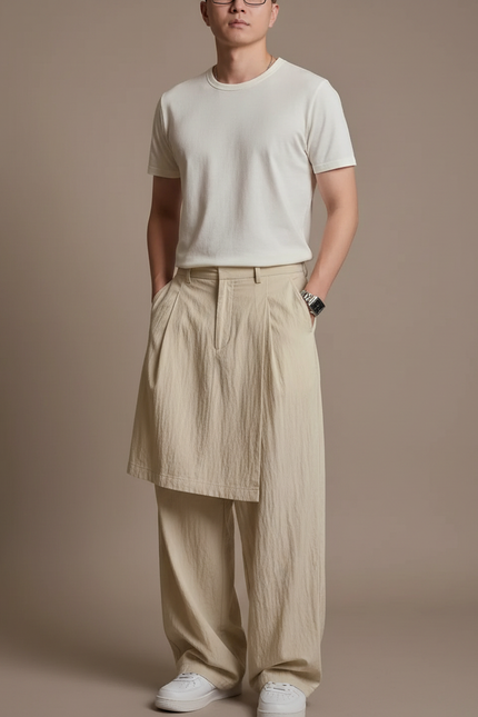 Pantalon Jupe Beige Lin Ample Superposé Décontracté