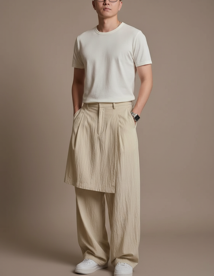 Pantalon Jupe Beige Lin Ample Superposé Décontracté