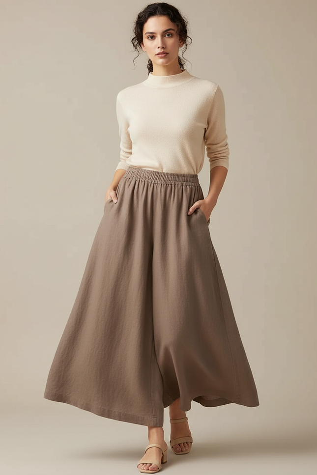 Pantalon Jupe Marron Lin Ample Fluide Décontracté