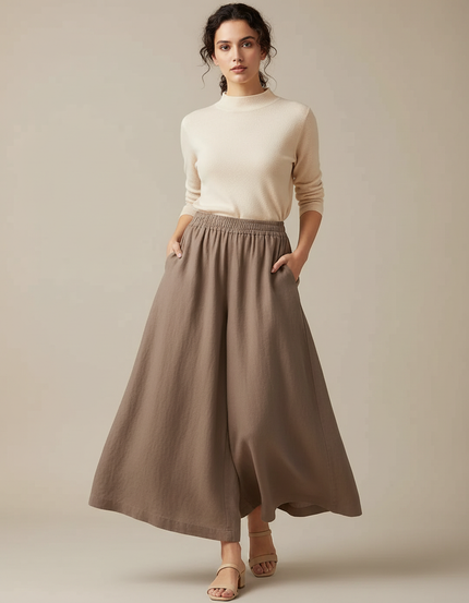 Pantalon Jupe Marron Lin Ample Fluide Décontracté