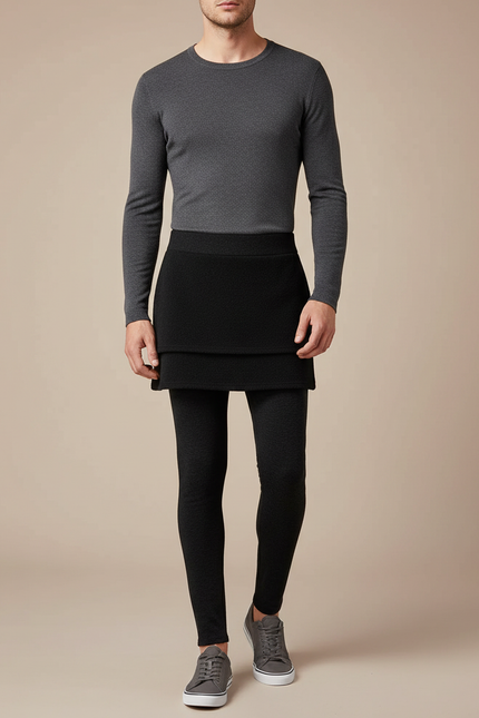 Pantalon Jupe Noir Superposé Moulant Uni Moderne - Maille