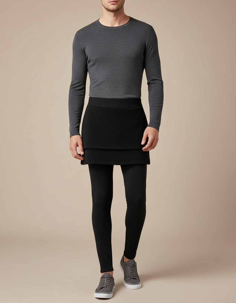 Pantalon Jupe Noir Superposé Moulant Uni Moderne - Maille