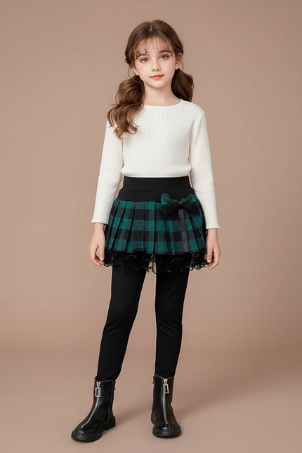 Pantalon Jupe Carreaux Vert Plissé Chaud Fille - Noir Maille