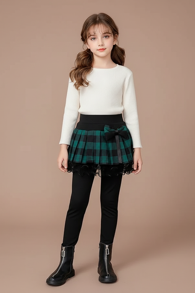 Pantalon Jupe Carreaux Vert Plissé Chaud Fille - Noir Maille